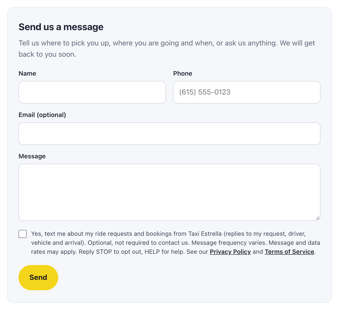 Contact form on taxiestrellanew.com with the optional, unchecked SMS consent checkbox (English)